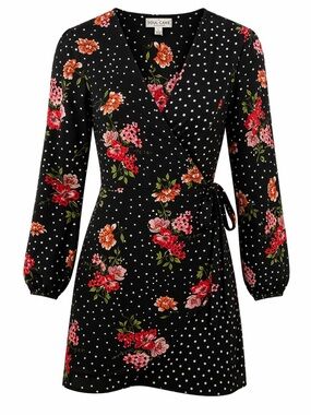 Soul Cake Black Floral Polka Dot Wrap Mini Dress Long Sleeve Size Large